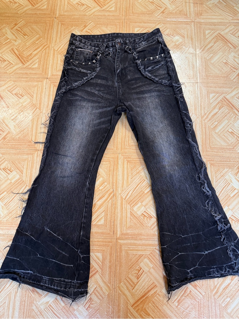 grey distressed flare jeans pair 2